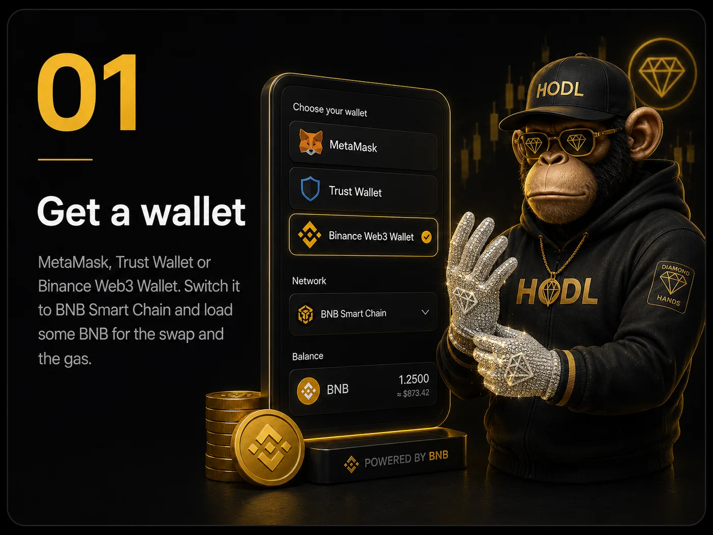Step 01 — Get a wallet. MetaMask, Trust Wallet or Binance Web3 Wallet. Switch it to BNB Smart Chain and load some BNB for the swap and the gas.